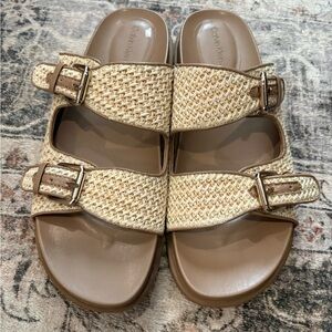 Calvin Klein Tan & Beige Woven Double-Buckle Slide Sandals